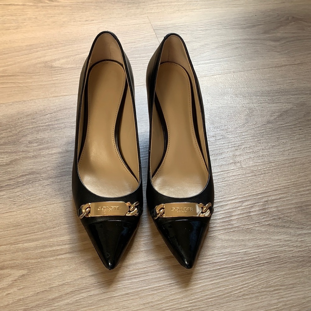 Coach all black leather heels with gold chain